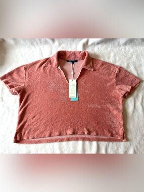Shore Women’s Pink Terry Cloth Collared Polo Top Short Sleeve Size M